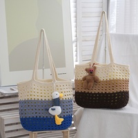 Sac de plage tressé à la main, style estival frais, grande capacité, à bandoulière, avec contraste de couleurs et deux ouvertures, idéal pour les vacances