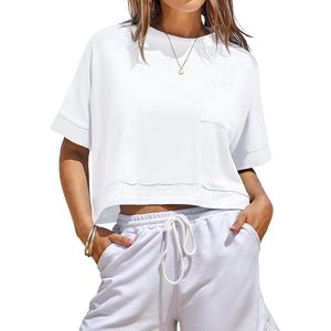 Womens Oversized Crop <b>Top</b> Short Sleeve Loose Tee Crew Neck Solid Color Summer Casual Basic Shirt - Product Image 1