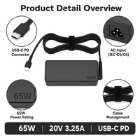 Adaptor Charger AC Tahan Api 65W Tipe-C PD 3.0 untuk ThinkPad X1 Carbon T14 T480 Yoga SCP Power Supply dengan Colokan Khusus