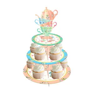 DT032 dekorasi pesta ulang tahun, dudukan Kue tema pesta teh 3 tingkat Cupcake untuk perlengkapan pesta ulang tahun