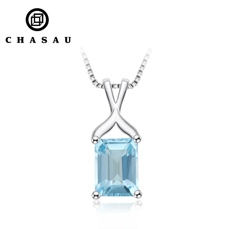 Stone Jewelry 925 sterling Silver Emerald Cut 9mm Natural Topaz Simple Pendant Necklace for women