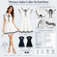 Gaun Rajut Lembut Wanita Model Preppy OEM ODM Logo Kustom Grosir, Gaya Navy Kerah Lapel Lengan Pendek Renda Mini untuk Musim Panas