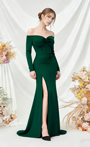 فستان وصيفة العروس للتنحيف على الكتف بأكمام طويلة مع فتحة عالية بلون واحد خصر طبيعي لحفلات الزفاف - Product Image 4