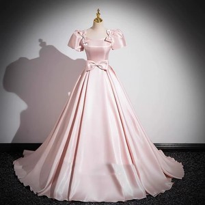 Pink French Satin Evening Gown Square Collar Empire Waist Long Skirt Candy Color Fashion Dress For Ceremony Banquet Runway - Product Image 1