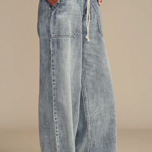 Nouveau design rétro, jean taille basse pour femme avec cordon de serrage, coupe décontractée ample et droite, jean baggy pour filles - Product Image 3