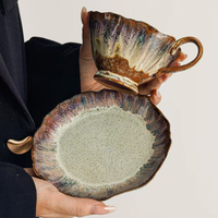 Tasse à café et soucoupe en céramique émaillée en forme de pétale, poterie artisanale rétro, mug pour le thé de l'après-midi