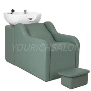 Chaise de lavage de cheveux verte pour salon de coiffure avec repose-pieds, lavabo en céramique et chaises de lavage pour salon de coiffure et barbier - Product Image 5