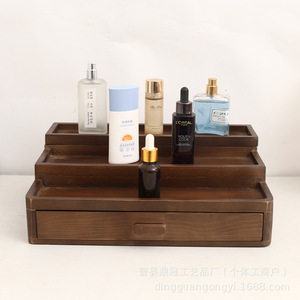 Étagère de rangement cosmétique en bois à trois niveaux avec tiroirs, organisateur multi-couches pour maquillage et produits de soin de la peau - Product Image 2