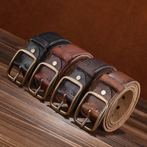 เข็มขัดหนังวัวแท้สำหรับผู้ชายผู้หญิงดีไซน์คาวบอยตะวันตกแนววินเทจพร้อมห่วงสายรัดทองเหลือง - Product Image 2
