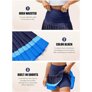 Fisoew Women's High <b>Waisted</b> Tennis <b>Skirt</b> Color Block Pleated With Built In Shorts Athletic Golf Wear - Product Image 4