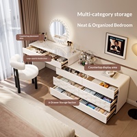 Coiffeuse de chambre en bois massif de style minimaliste moderne avec tiroirs de rangement intégrés, miroir éclairé accessible en coin, gain de place