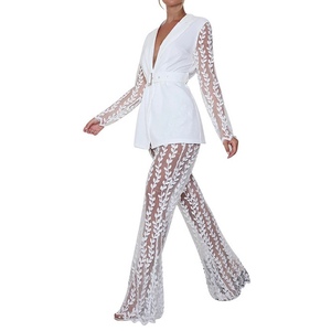 Nuevo Conjunto de 2 Piezas con Blusa de Manga Larga de Encaje Floral y Pantalones Acampanados, Incluye Cinturón, Estilo Casual y a la Moda - Product Image 6