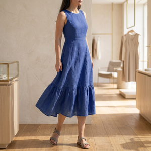 100% Cotton Breathable Handmade Bow Daily Midi <b>Dress</b> for Women Loose Fit <b>High</b> <b>Waist</b> Vintage A-Line Side Pocket - Product Image 3