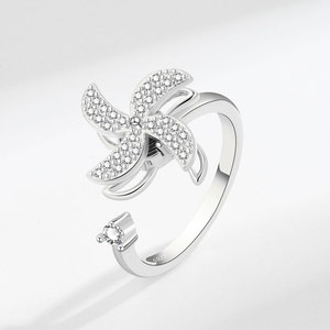 Anillo giratorio de molino de viento doble con micro pavé de circonitas, chapado en oro sobre cobre, ajustable, estilo francés, joyería antiestrés para mujer - Product Image 6