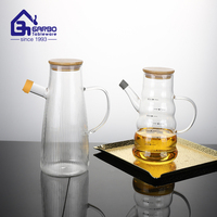 Bouteille d'huile en verre cannelé 800 ml avec échelle graduée, distributeur d'huile transparent en verre borosilicate de haute qualité avec couvercle en bois anti-fuite – Vente en gros à prix réduit