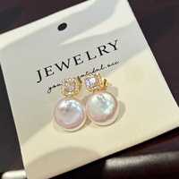 Superbes Boucles d'Oreilles Clous en Zircon Cubique et Perles de Culture d'Eau Douce Baroques Naturelles de 12 mm, Plaqué Or 18K Blanc, Idéales pour les Fêtes