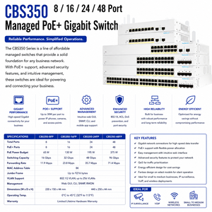 Commutateur réseau d'entreprise PoE+ Gigabit géré <span class=keywords><strong>CBS350</strong></span> 8/16/24/48 ports 2G 4G <span class=keywords><strong>4X</strong></span> SFP SFP+ 10G - Product Image 1
