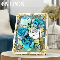 Jie Star JJ9029 - Marco de Fotos con Flores Preservadas, Rosa Blanca y Azul, Rompecabezas 3D, Juguete de Construcción de Ladrillos, Regalos para Niños, Juego de Bloques de Construcción