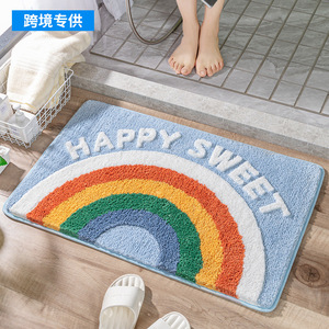Bathroom Mat <b>Rainbow</b> Pattern Flocked Absorbent Anti-Slip Floor Mat Rectangle Blended Material Cartoon Design - Product Image 4