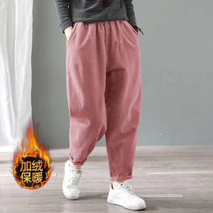 Corduroy Harem <b>Pants</b> Women Plus Size Fleece <b>Lined</b> Warm Thick Casual Autumn Winter Brown Pink Black Apricot Polyester Fabric - Product Image 2