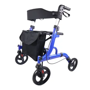 Rollator berjalan portabel untuk lansia, alat bantu jalan mengurangi nyeri dengan dudukan nyaman lipat 4 roda medis