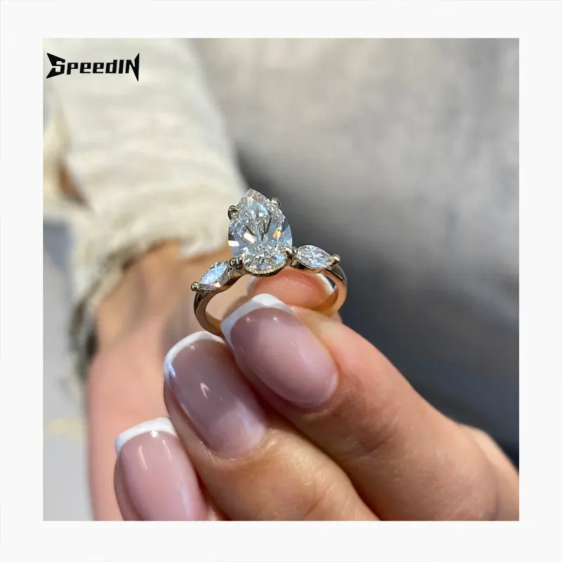 Özel 8*12mm 4cartat armut şekli buz kesim Lab yetiştirilen elmas 18K sarı altın nişan yüzüğü kadınlar için