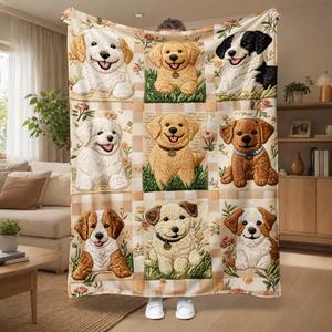 Cream Plaid Puppy Patchwork Flannel Blanket Throw Blanket Nap Blanket <b>Machine</b> Washable Fade Resistant for Bed Sofa Couch - Product Image 1