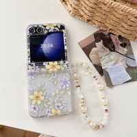 Coque de téléphone imprimée de fleurs jaunes et violettes, motif de fleurs fraîches naturelles, pour Galaxy Z Flip 8-3, sangle en perles, housse de protection pliable