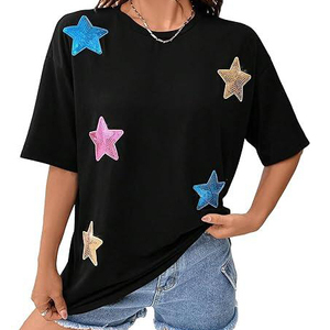T-Shirt nere da donna di nuovo arrivo su tutto con <span class=keywords><strong>paillettes</strong></span> ricamate a maniche corte con scollo rotondo con motivo a stelle e <span class=keywords><strong>paillettes</strong></span> personalizzate t-Shirt - Product Image 1