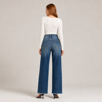 Jean taille haute à ourlet effiloché et jambe large pour femme, pantalon en denim ample et très extensible, vente en gros usine