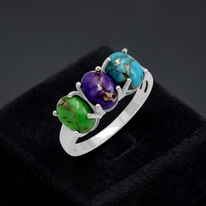 Anillo de Plata 925 con Tres Piedras Turquesa Verde, Morado y Azul, Anillo Bohemio con Piedras Naturales para Mujer, Estilo para Uso Diario - Product Image 2