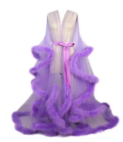 Women Sexy Robe Tulle Feather Long Lingerie Sleepwear Nightgown Bridal Sheer Bathrobe Maternity Wedding