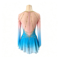 Robe de patinage et de danse pour enfants et adultes, dégradé rose et bleu, manches longues, chaîne dorée, strass au dos, pour compétition et spectacle de patinage sur glace
