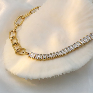 Gold Chain Spliced Zircon Necklace With Channel Setting Geometric Design For Everyday Wear 37cm Length - Product Image 4