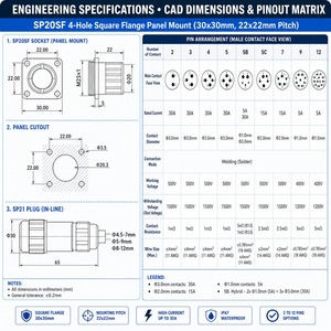 Conector de Aviación Impermeable SP20SF IP68 con Brida Cuadrada, Contactos de Soldadura de 2, 3, <span class=keywords><strong>4</strong></span>, 5, 7, 9, 12 Pines, 30A 500V, Enchufe y Tomacorriente, CE RoHS - Product Image 3