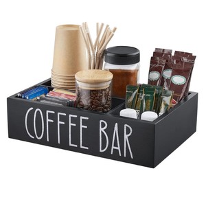 Boîte de rangement pour bar à café, organisateur de bureau en bois pour grains de café, sachets de thé, tasses, pailles avec compartiments, noir et blanc - Product Image 1