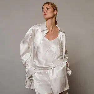 3pcs白色睡衣简单休闲女式睡衣套装