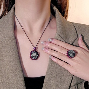 Conjunto de Joyería de Boda Ecológico y Moderno, Chapado en Oro y Cobre, con Circonitas Negras y Grises de 18*20mm, Collar y Anillos para Mujer, para Fiestas - Product Image 3