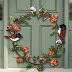 Couronne rustique artisanale en métal avec oiseaux et fleurs, couronnes décoratives pour usage extérieur - Product Image 5