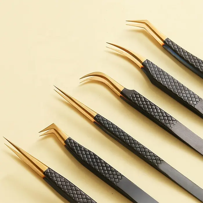 Gold Black Lash Tweezers Private Label Stainless Steel Lash Tweezers Fiber Tip Tweezers