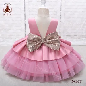 Vente en Gros Robe de Bal pour Enfant, Fête d'Anniversaire, Soirée Princesse, Robe Tutu Solide pour Enfants avec Nœud Avant pour Fille de 0 à 2 Ans