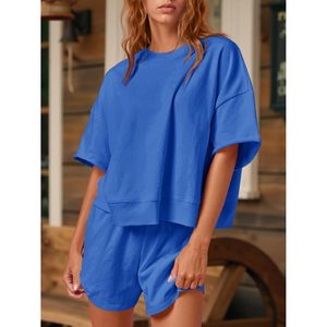 Ensemble de survêtement décontracté 2 pièces pour femme, coupe ample, sweat-shirt court oversize et short taille haute, bleu uni en polyester - Product Image 2