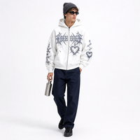 Sweat à capuche zippé coupe ample avec motif graphique gothique vintage sur la poitrine et les manches, veste streetwear pour un style décontracté