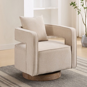 Fauteuils modernes confortables en mélange de lin, fauteuils pivotants à dossier ouvert avec base vieillie, fauteuils à accoudoirs pour salle de lecture - Product Image 1