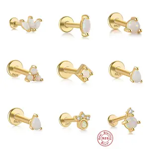 14k gold plated Teardrop Gemstone Shape Mini 925 sterling silver zircon Piercing thread Opal stud earrings