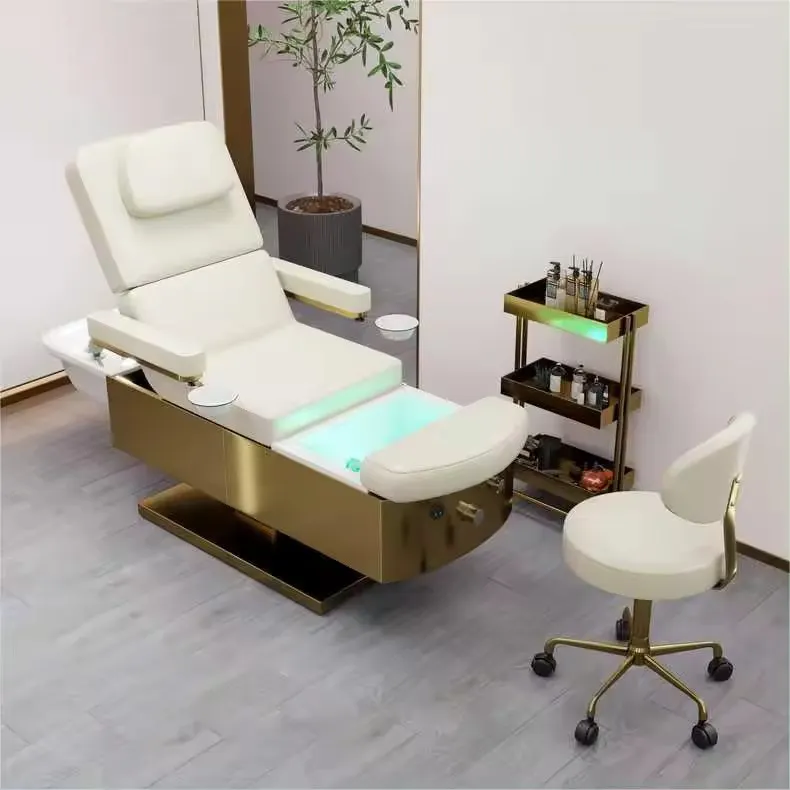 Luxury gold stainless steel frame head spa therapy washing bed electric massage table bed with foot bath
