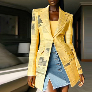 Cappotto Autunnale da Donna in Poliestere Intrecciato, Stile Vintage Casual, Maniche Lunghe, Scollo a V, Bottoni, Stampa Giornale - Product Image 4