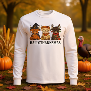 T-shirt à manches longues Hallothanksmas Highland Cow Trio, design Halloween Thanksgiving - Product Image 3