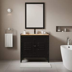 Meuble de salle de bain en bois de manguier noir, sur pied, rectangulaire, élégant - Product Image 2