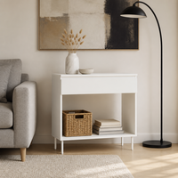 Console d'appoint moderne blanche avec tiroir et rangement ouvert, meuble d'appoint à pieds métalliques pour salon